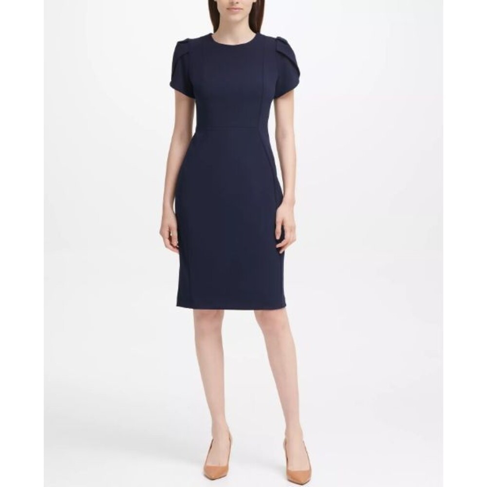 Calvin Klein Dress 16 Indigo Blue Tulip Sleeve Sheath Crepe Stretch Office
